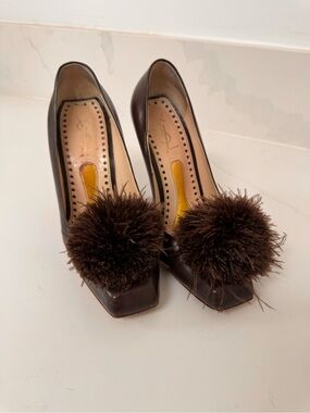 YSL Brown Pom Pom Leather Pumps - Women Shoes